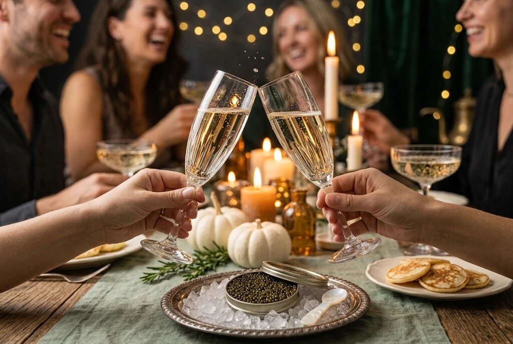 Champagne glasses and caviar on a fall table