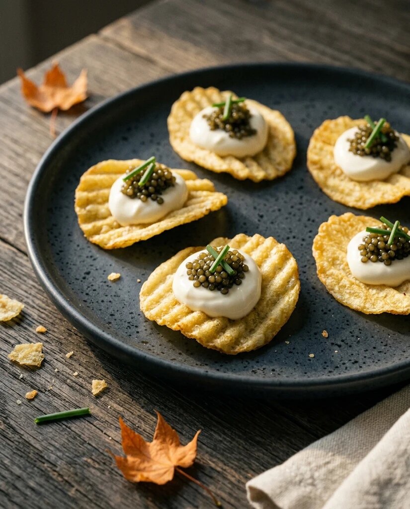 Kettle chips topped with crème fraîche and caviar