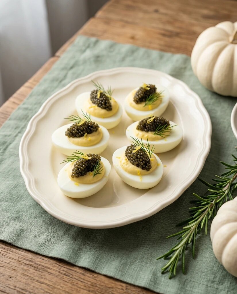 Deviled eggs topped with caviar