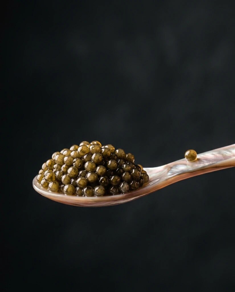 Macro of osetra caviar on a mother-of-pearl spoon