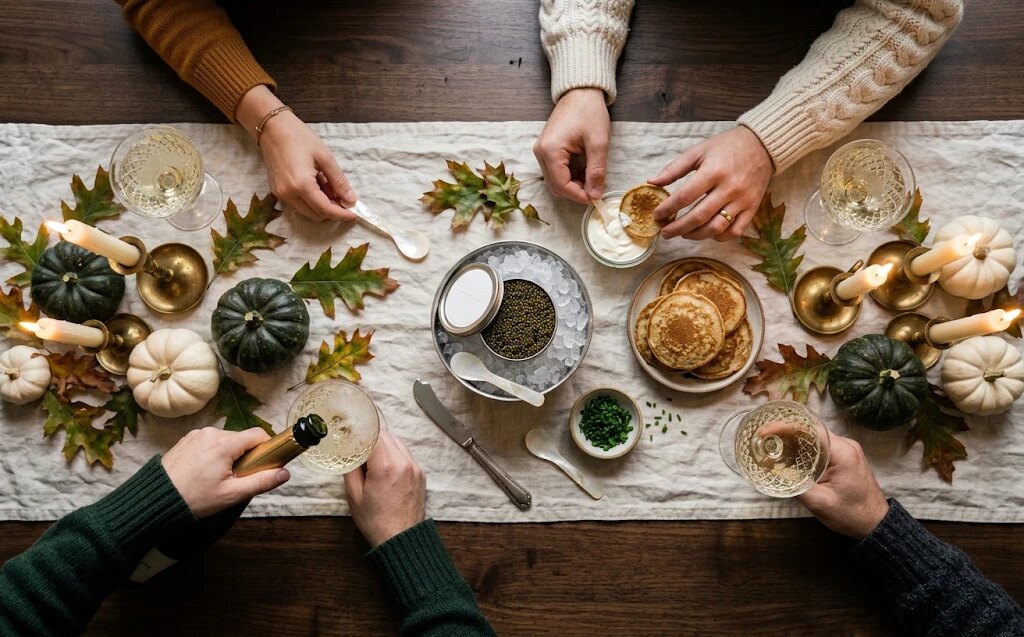 Overhead view of an autumn dinner table with a caviar service at the center